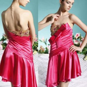 Hot Pink Strapless Flower Banded Evening Dress